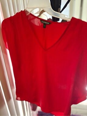 Express Bright Red V-Neck Cap-Sleeve Blouse
